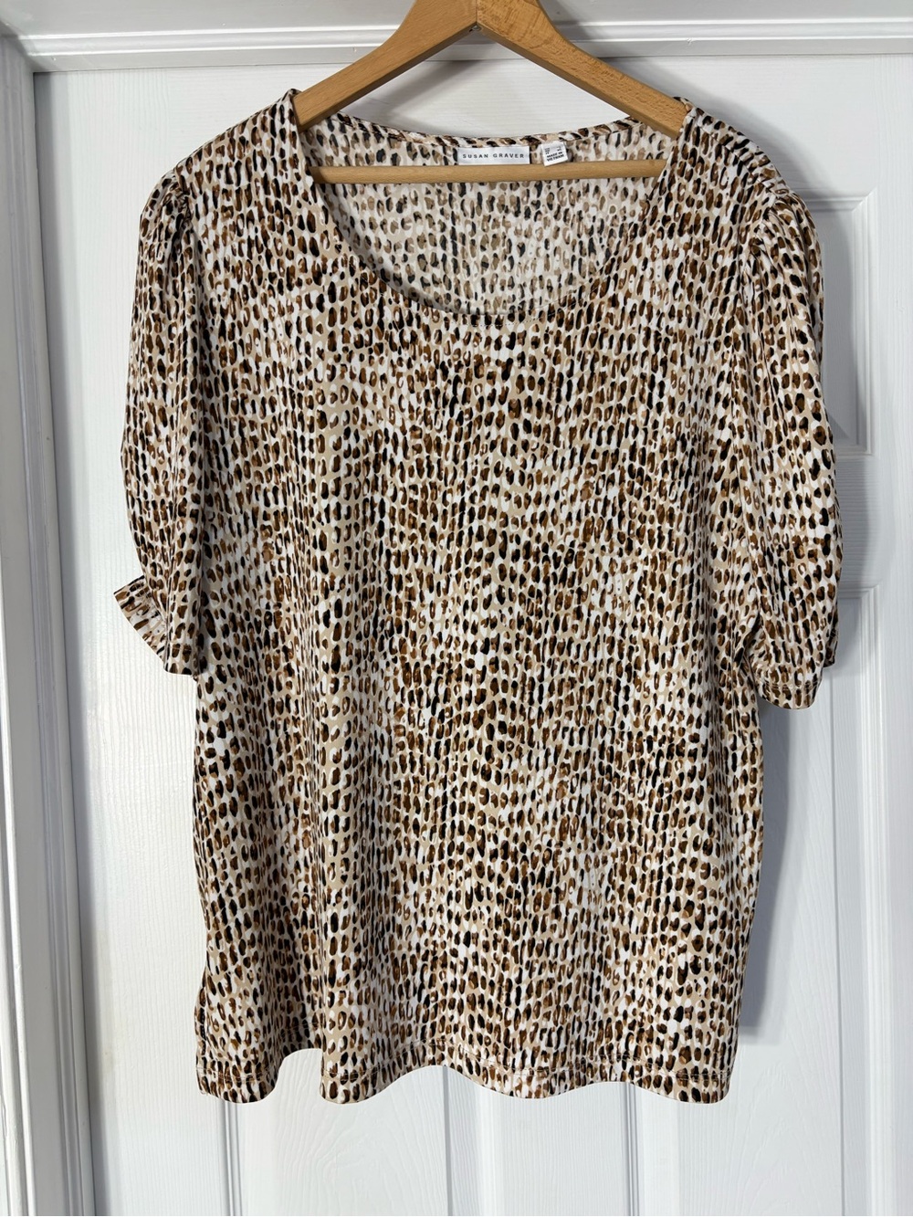 Susan Graver Short Sleeve Leopard-Spot Top — Cream/Tan/Black